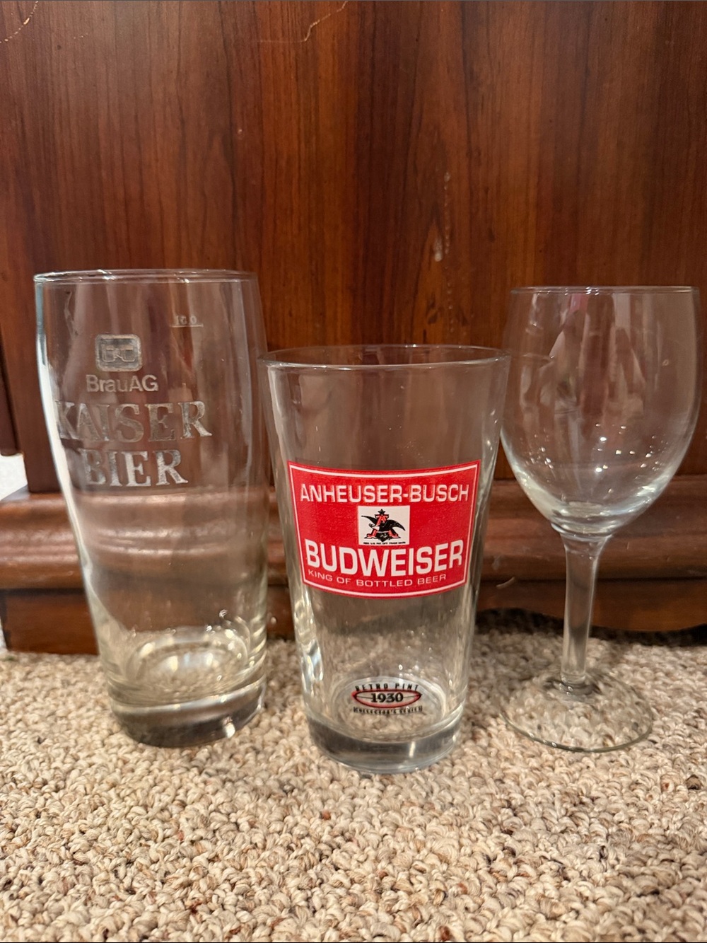 Vintage Budweiser and Kaiser beer glasses- Wine glass too